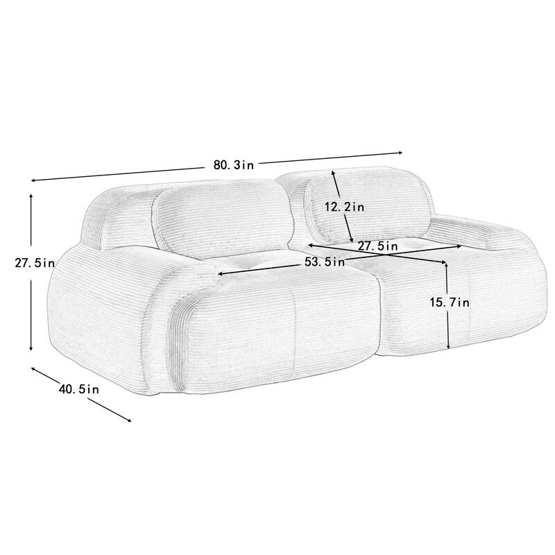 Anmytek 82 Inch Blue Corduroy Modular Loveseat Sofa with Curved Arms and High Resilience Sponge