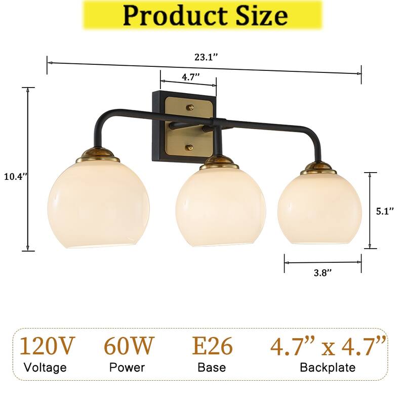CraftHome 3-Light Modern Elegant Brass And Black Bathrooom Vanity Light With Milk White Glass Shades