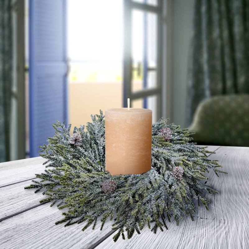 12" Frosted Mini Fir W/Cones Candlering - Frosted Green