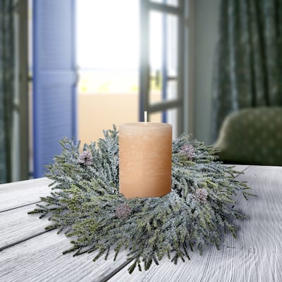 12" Frosted Mini Fir W/Cones Candlering - Frosted Green