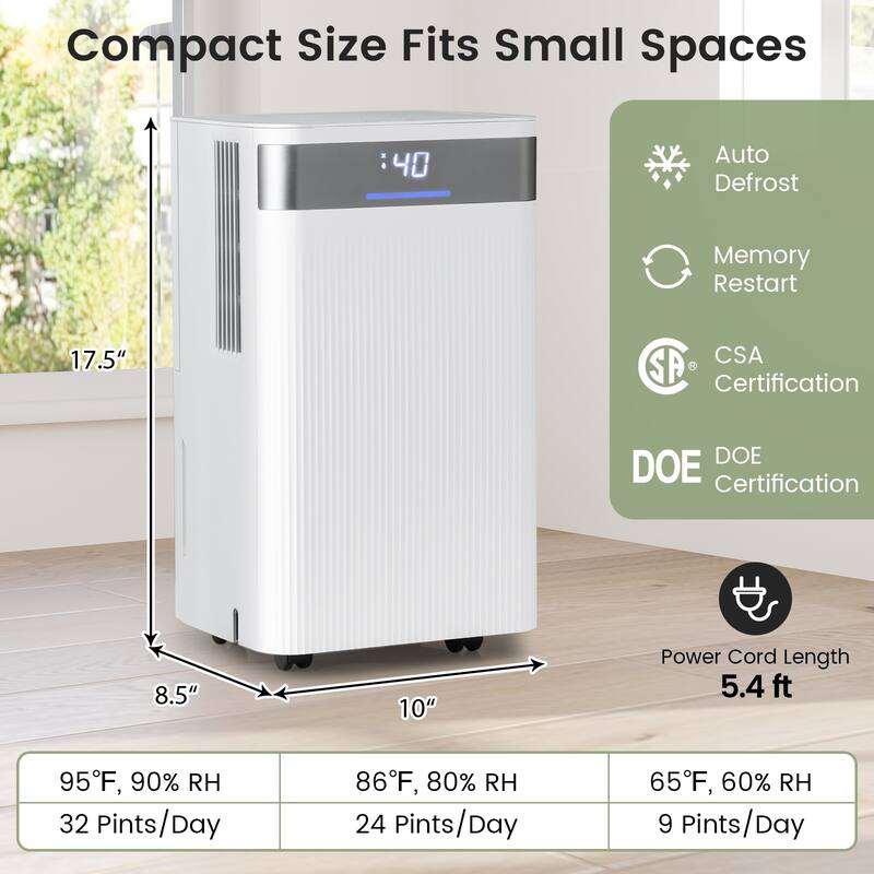 White Copper ABS Dehumidifier 32 Pints with LED Panel and Auto Drain Hose - 10" x 8.5" x 17.5"