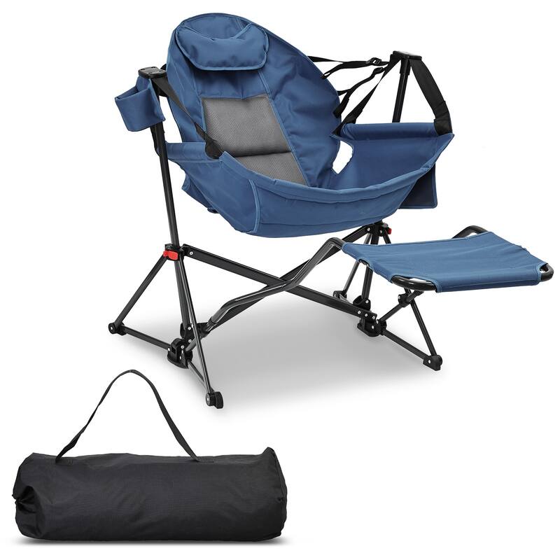 Hammock Camping Chair with Footrest, Outside Foldable Portable Rocking Chairs - Dark Blue