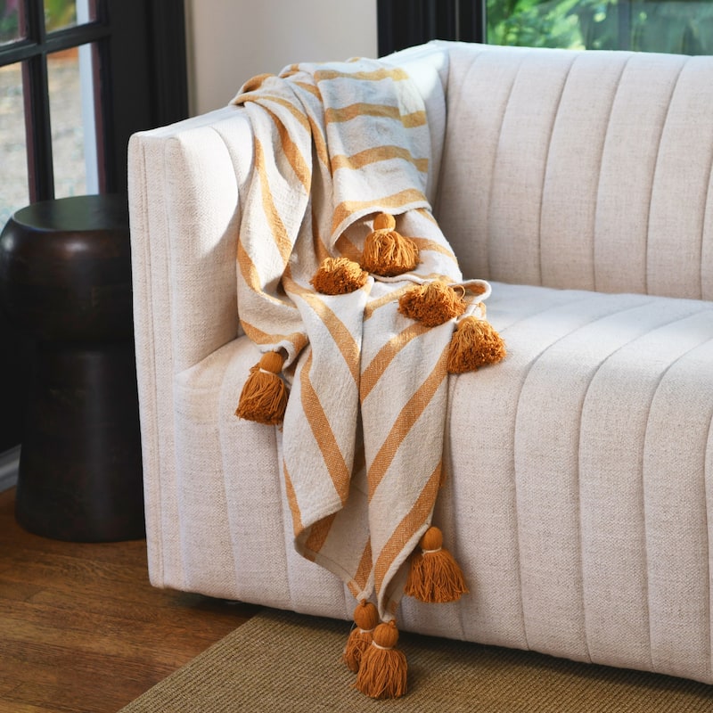 Striped Cotton Throw Blanket with Tassels