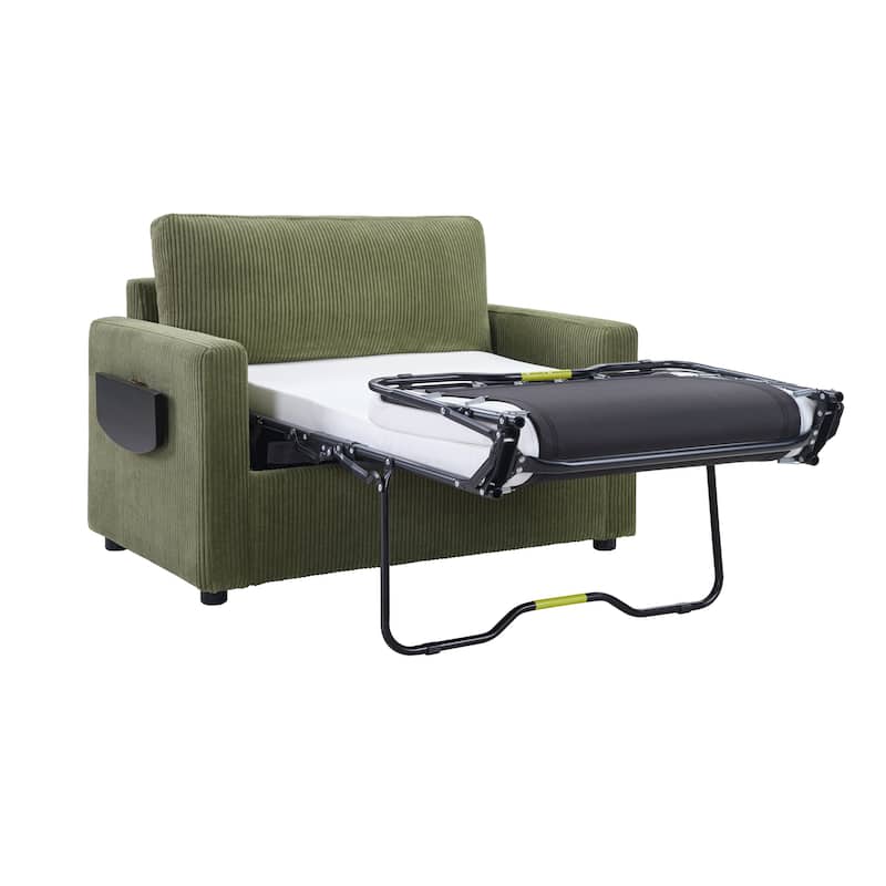 Roomfitters Twin Sofa Bed with Foldable Mattress, Side Table, Storage Pocket and USB Ports for Living Room