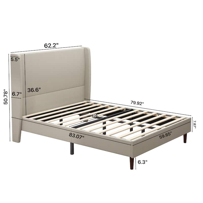 High Headboard Upholstered Bed, Queen Size Bed Frame, 12-Slat Support, Beige, Linen Cloth, No Box Spring Needed