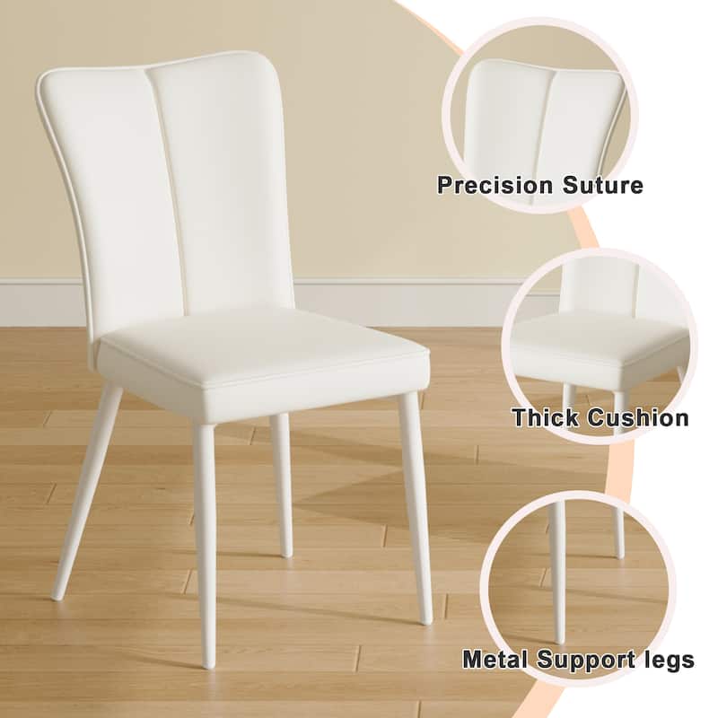 Minimalist White PU Leather Dining Chair Set of 2 w/ Curved Back & White Metal Chair Legs