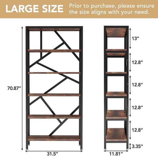dimension image slide 1 of 3, 71" Industrial Bookshelf, 6 Tier Rustic Brown Wood Etagere Bookcase, Open Book Shelves