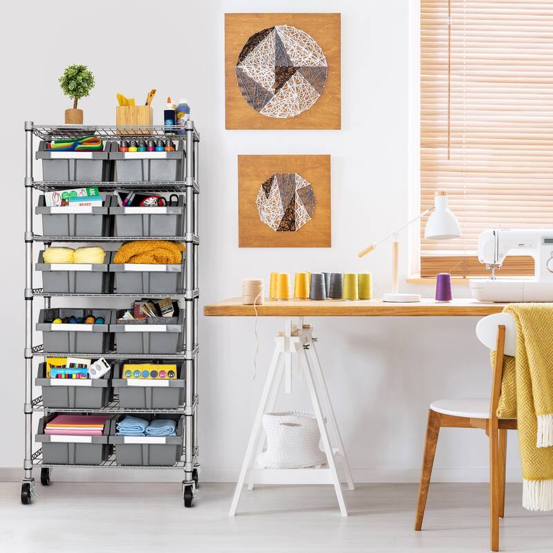 Seville Classics Commercial 7-Tier NSF 12 Bin Steel Rack Shelving Storage System, 24" W x 14.25" D x 56" H