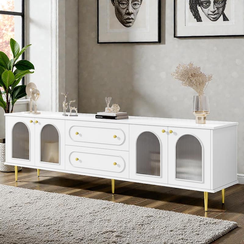 78.7" Modern TV Stand with Fluted Glass Doors, Metal Legs, 2 Drawers and 2 Cabinets, Media Console for TVs up to 80"