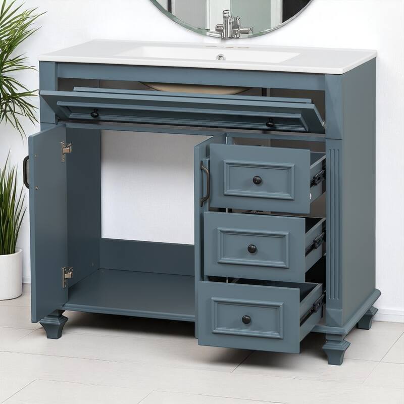36" Bathroom Vanity with Sink, Freestanding White Cabinet with Gold Hardware, Ceramic Top, Flip Drawer, Soft-Close Doors