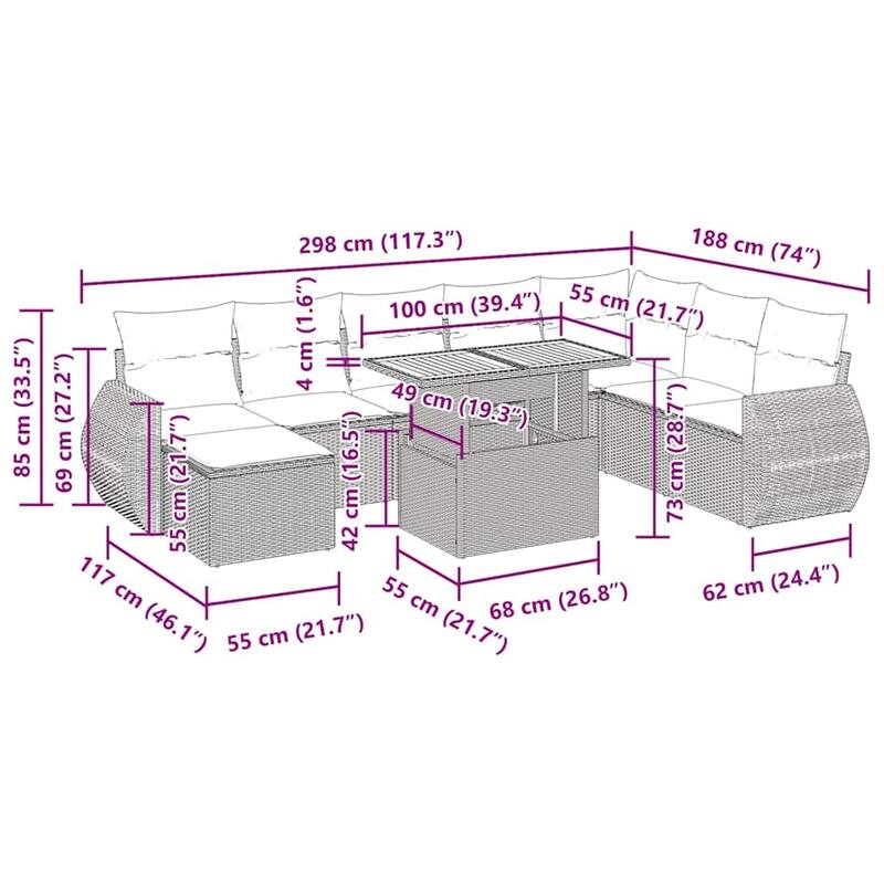 vidaXL Patio Sofa Set with Cushions Footstool and Table 9 Piece Poly Rattan - 21.7 x 39.4 x 28.7