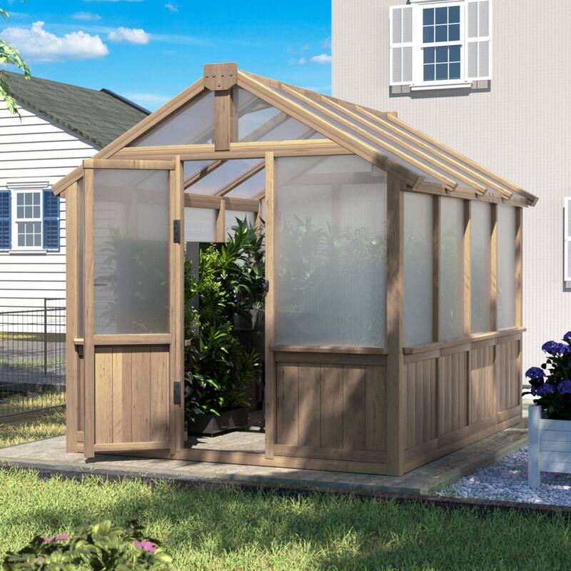 VEIKOUS Walk-in Wooden Greenhouse for Outside, Garden and Backyard, Light Mocha Brown - 6' × 8'