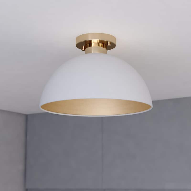 Devon 12.75-in W LED Compatible Mid-Century Modern Semi Flush Mount Ceiling Light - Glossy White and Satin Brass - 12.75-in W x 8.25-in H x 12.75-in D
