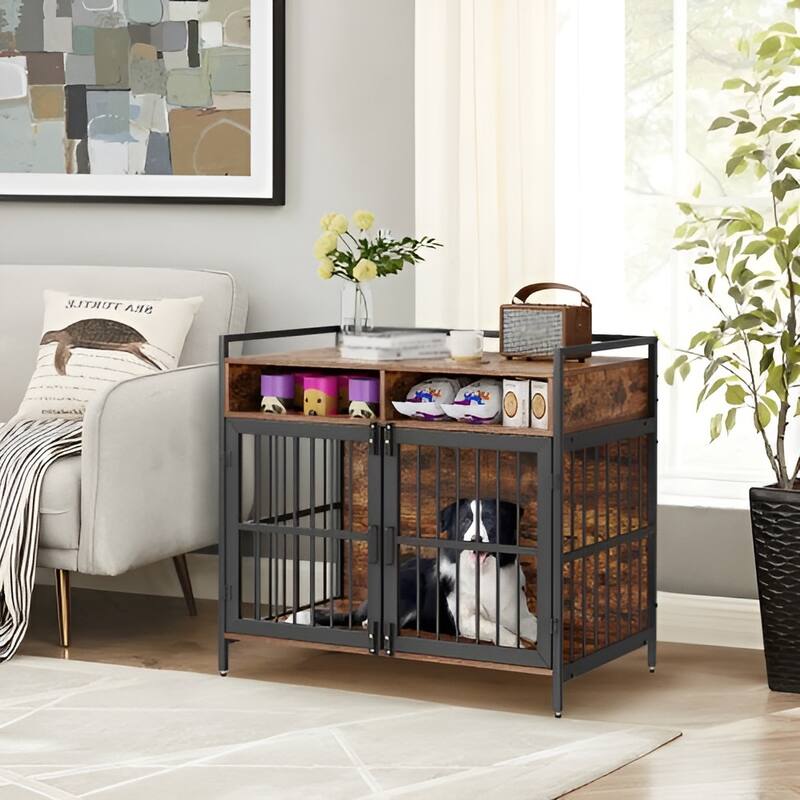 Rustic Brown Wood Metal Dog Crate, Dual-Door Pet Furniture with Storage Shelf - 41” L x 23.6” W x 36.2” H