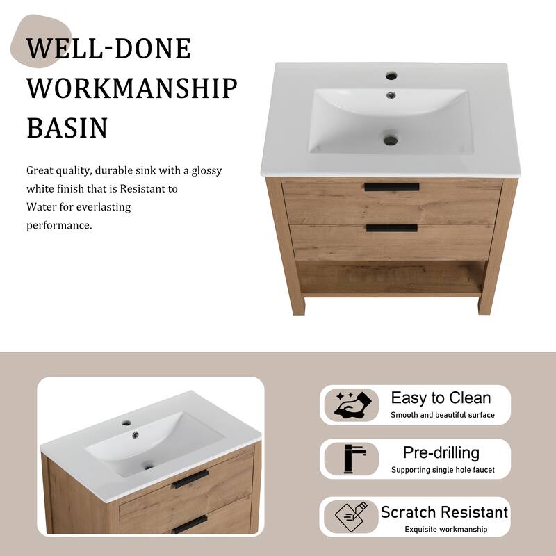 Beingnext 30" Bathroom Vanity with Sink, Single Sink Freestanding Bathroom Vanity with 2 Soft Close Drawers and Open Shelf