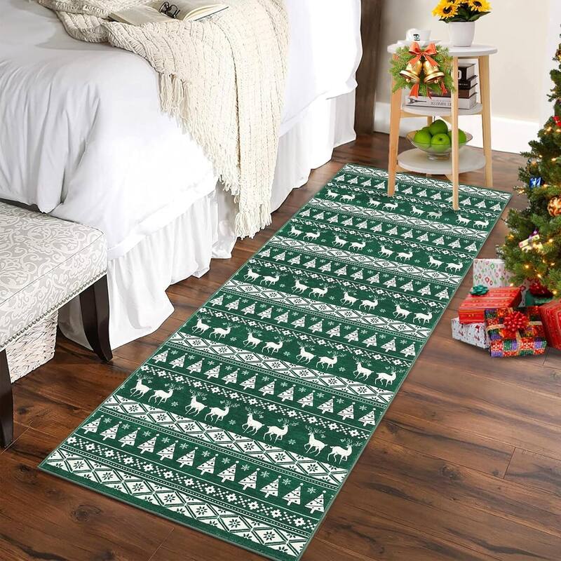 Snowflake Christmas Holiday Decorative Area Rug, for Bedroom Living Room, Green - 2*8ft
