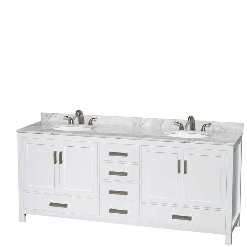 Wyndham Collection Sheffield Double Vanity Set - 80-Inch Double - White, White Carrara Marble Top, Chrome Trim