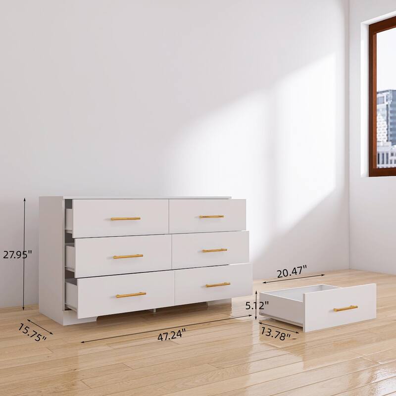 Modern Drawer Dresser Large Capacity Storage Cabinet with 6 Drawers Gold Handles, for Bedroom Living Room Entry Hallway