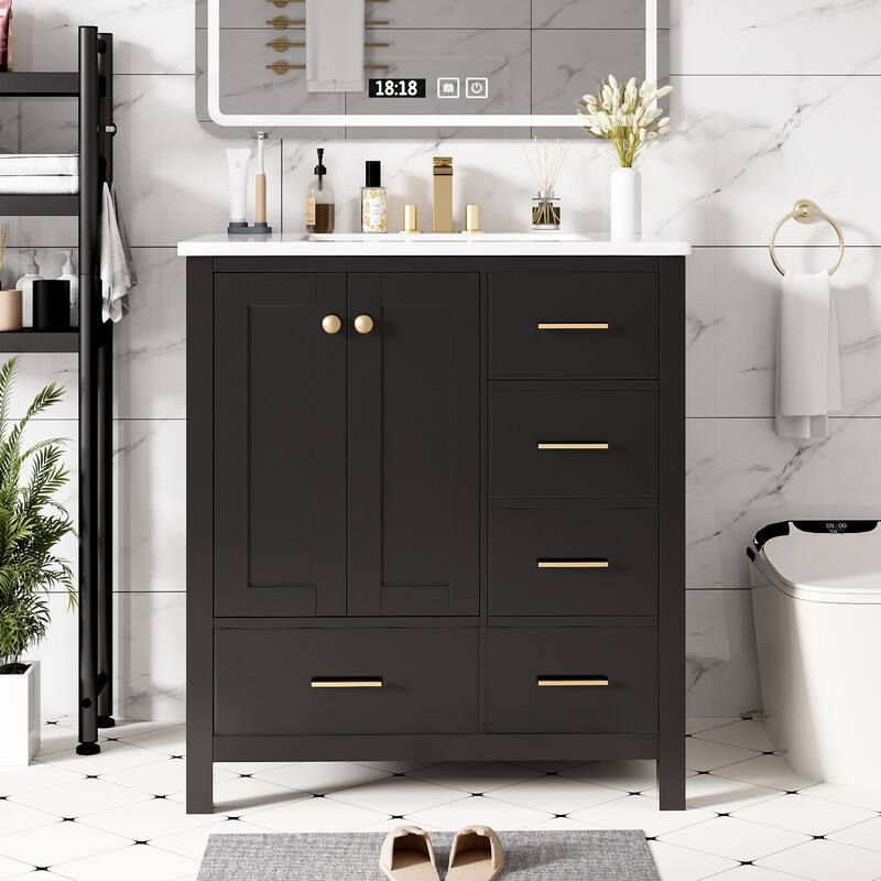 30-Inch Retro Style Bathroom Vanity with Ceramic Sink, 4 Drawers, Soft-Close Hinges, High-Quality MDF Construction