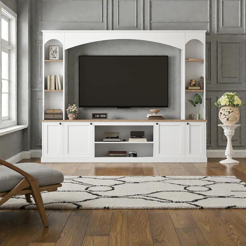 91" Farmhouse Entertainment Center with Arched Bookshelves, Large TV Stand for TVs up to 70", Media Console