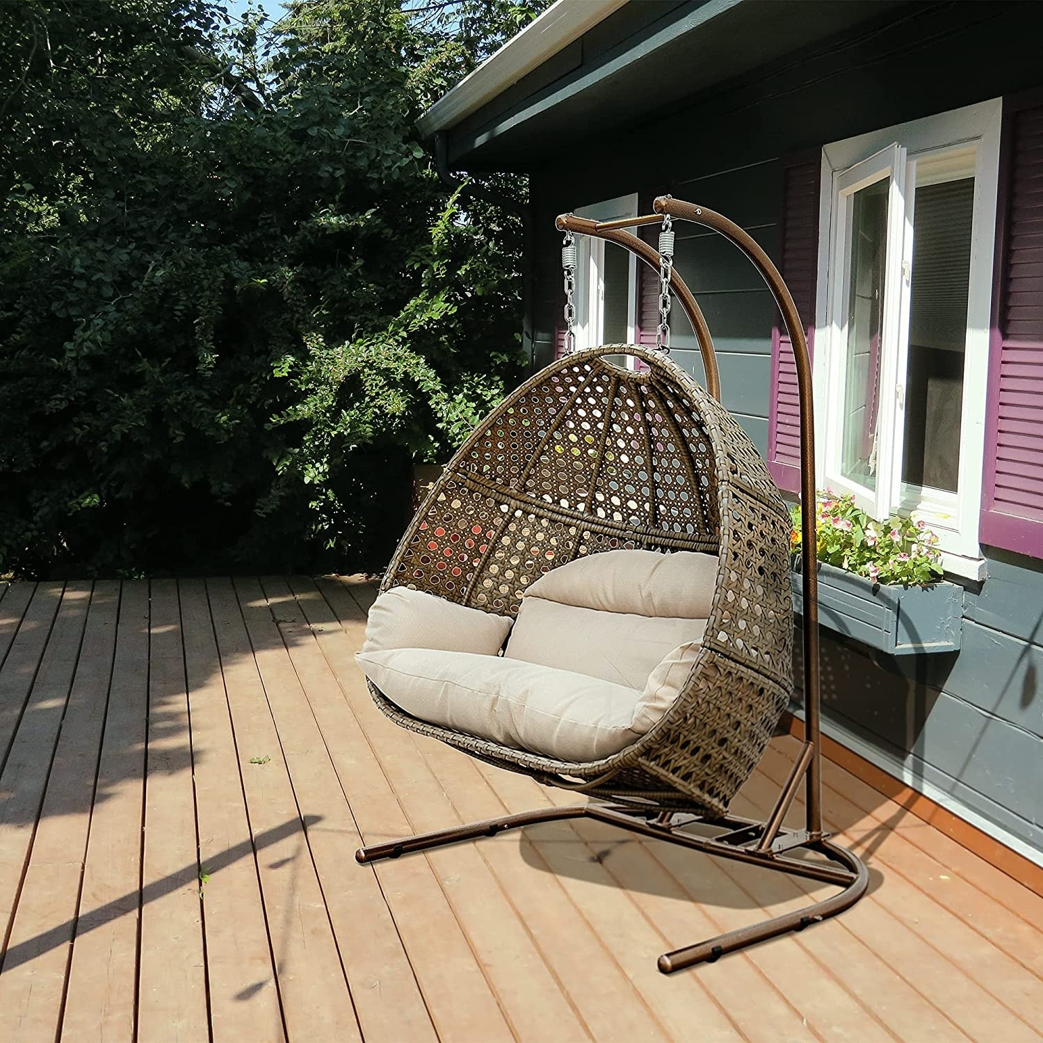 Charcoal Wicker Hanging Double Seat Swing Chair with Stand