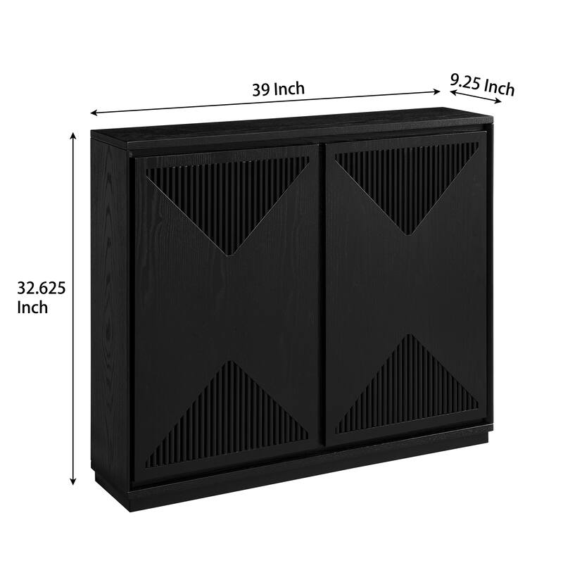 V-Shaped Fluted Storage Cabinet, Multi-Functional Narrow Side Cabinet, Wood Buffet Cabinet with 2 Doors & 2 Outlet Holes