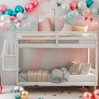Twin over Twin Floor Bunk Bed, Ladder with Storage, Provide Maximum Security: Double Guardrail For Upper Bed,White