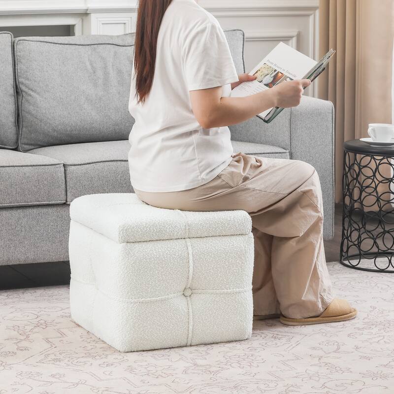 Adeco Boucle Storage Ottoman Footstool for Living Room