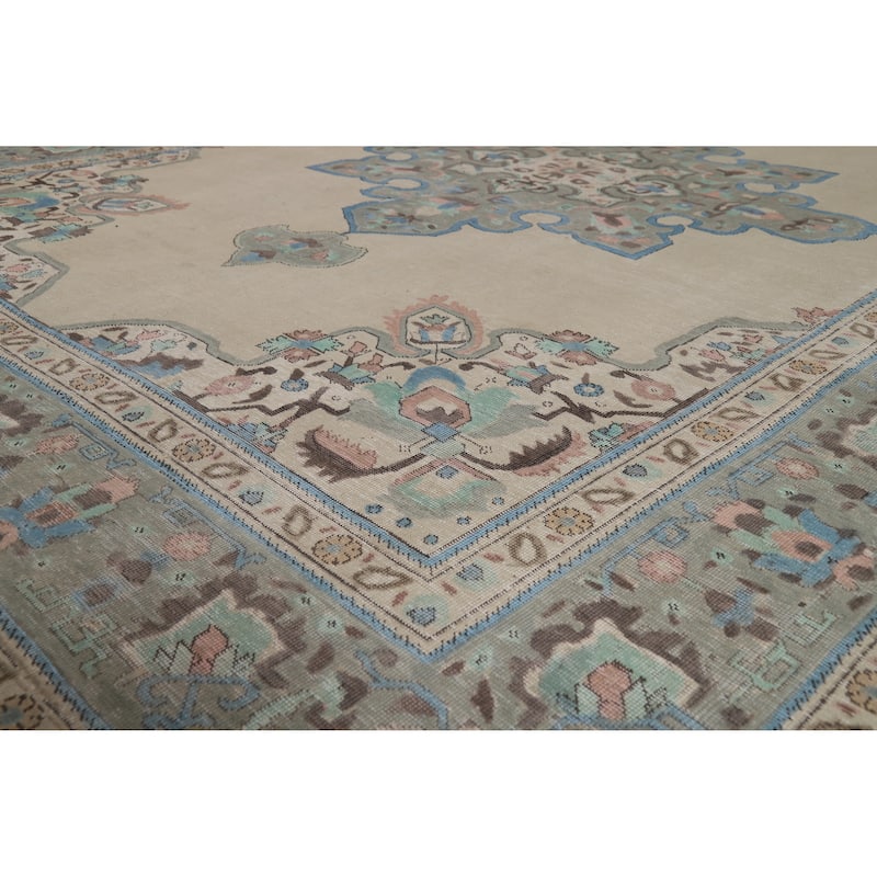 Geometric Beige Tabriz Persian Vintage Rug Hand-Knotted Wool Carpet - 8'3" x 11'0"