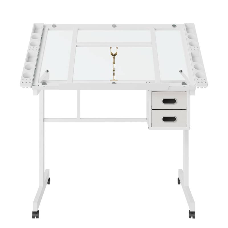 Adjustable Art Drawing Desk Craft Station Drafting with 2 fabric Drawers and 4 Wheels (white)
