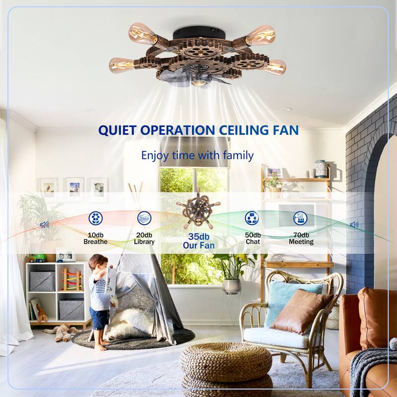 19.6" Farmhouse ceiling fan light and remote, Industrial Caged Ceiling Fan Light, Retro Ceiling Fan Lights with 7 Blades