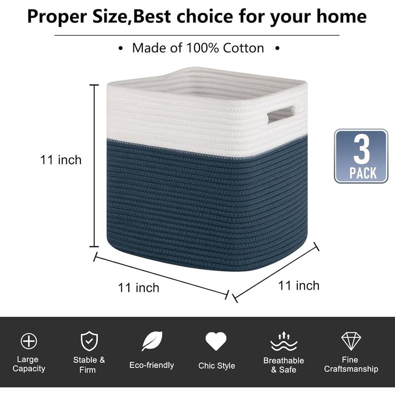 Storage Cubes 11 Inch Storage Bins-3-Pack, Cotton Rope Woven Baskets - 11"L x 11"W x 11"H