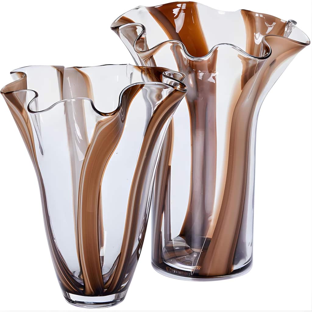 Set of Two Handblown Striped Chocolate Brown Vases
