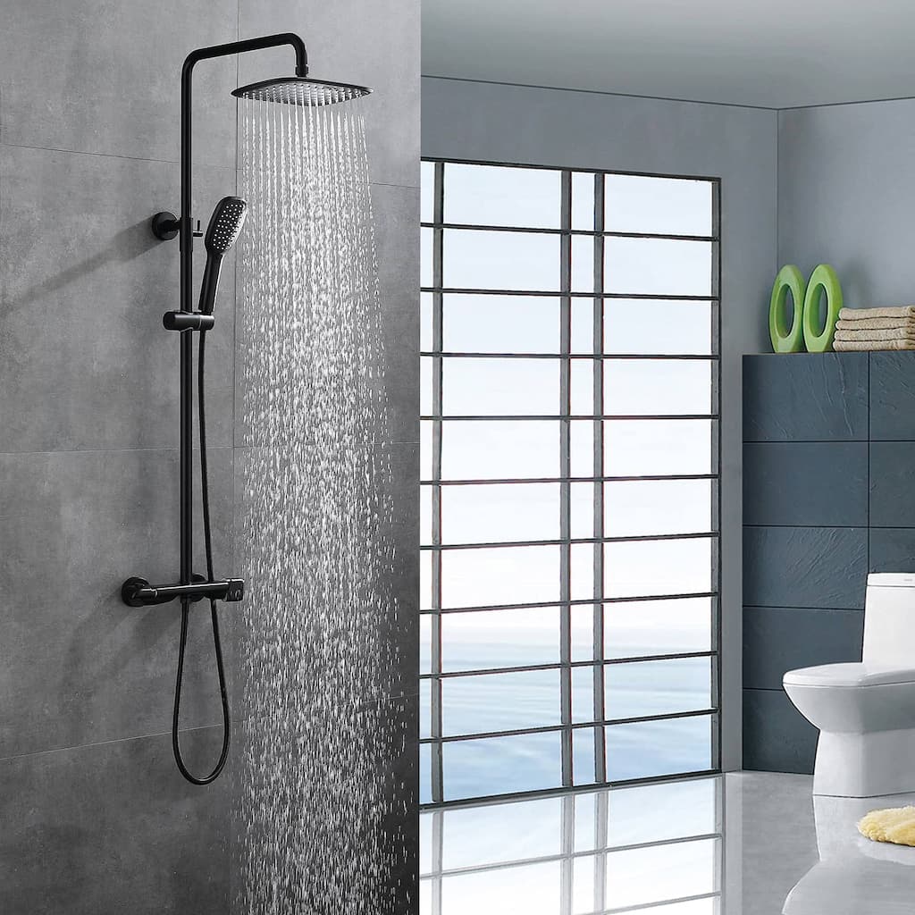 Thermostatic Shower Faucet Set With Handheld Exposed Wall Mount Shower System Complete Black Rainfall Shower Head With Valve