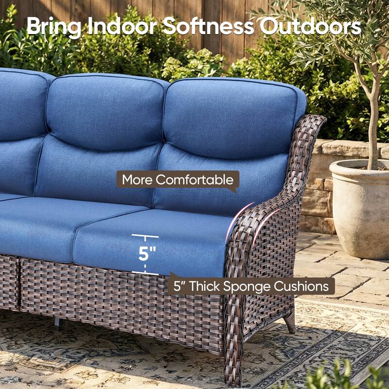 Pocassy Outdoor 3 Seat Sofa with 5 In Thick Cushion Patio Wicker Sofa