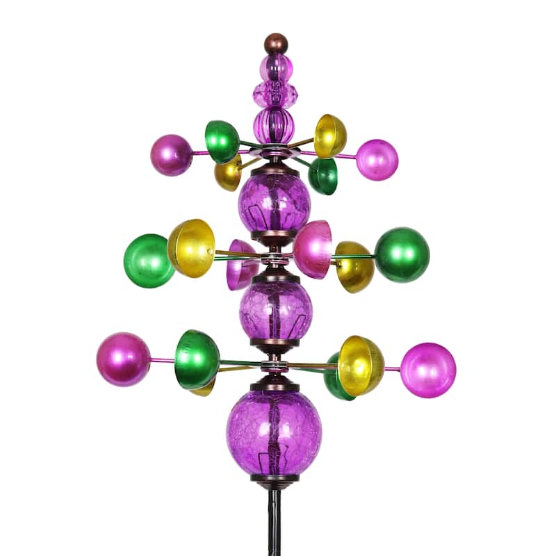 Exhart Three Tier Wind Spinner Garden Stake with Glass Crackle Balls, 14 by 48 Inches