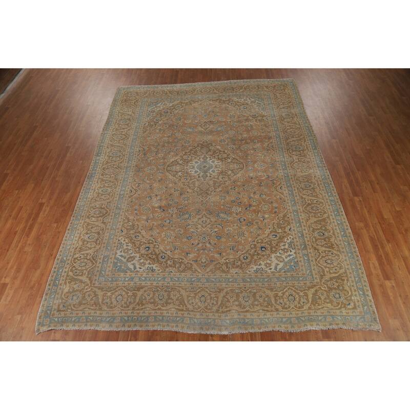 Traditional Mashad Persian Area Rug Handmade Floral Wool Carpet - 9'7" x 12'9"