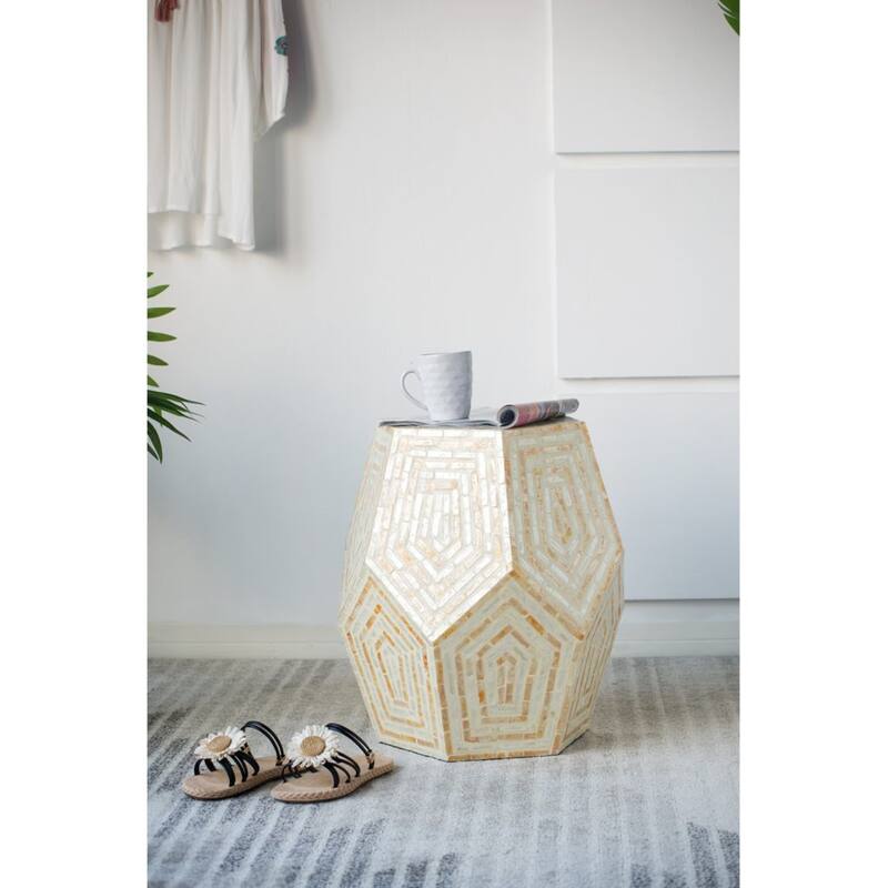 Hexagonal Capiz Shell Inlay Accent Stool - 21" - Cream and Beige