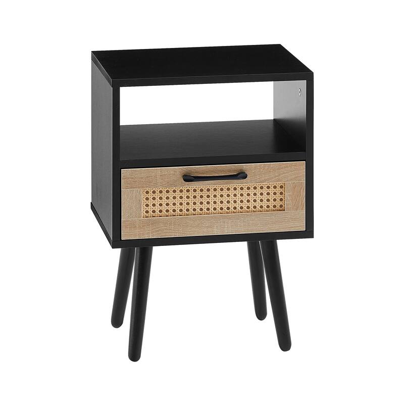 Rattan End Table Modern Black 15.7" Nightstand with Drawer and Solid Wood Legs, Bedroom Floor Organizer Display Cabinets