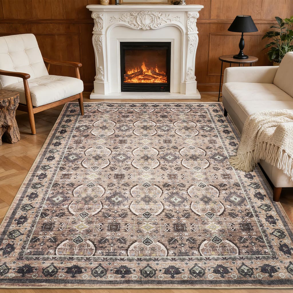 Area Rug, Washable Vintage Boho Rug, Low-Pile Non-Slip Carpet for Living Room, Bedroom, Dining Room, Kids Nursery