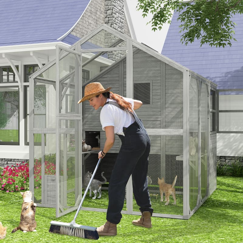 Large Outdoor Wooden Chicken Coop & Cat Enclosure with Run, 2 Colors Pet Cage