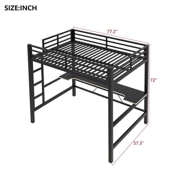 dimension image slide 1 of 4, Twin/Full Size Gaming Loft Bed with Bulit-in Desk and LED Lights, Metal Loft Bedframe with Ladder and Guardrails for Kids