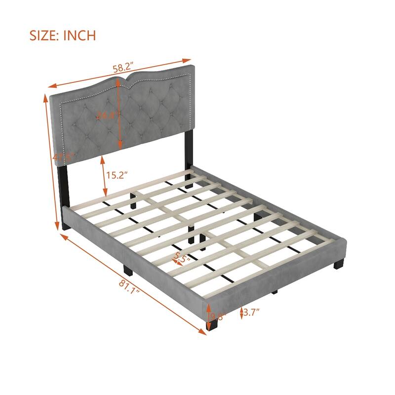 Full Size Upholstered Bed Frame with Rivet Design,Tufted Headboard