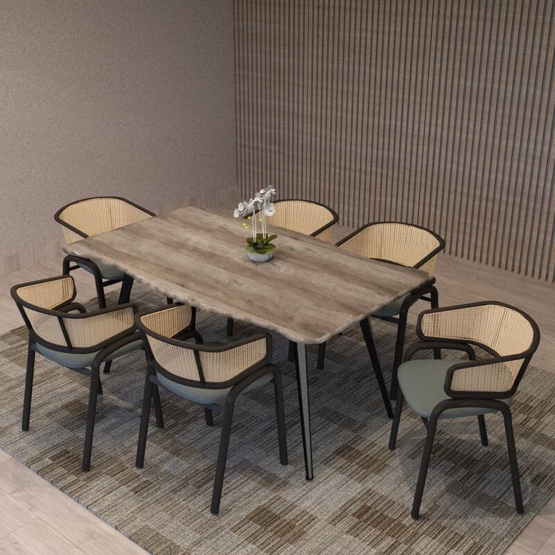 LeisureMod Modern Leather Dining Chair with Wicker Back & Black Steel Frame - Accent Side Armchair for Home Furniture
