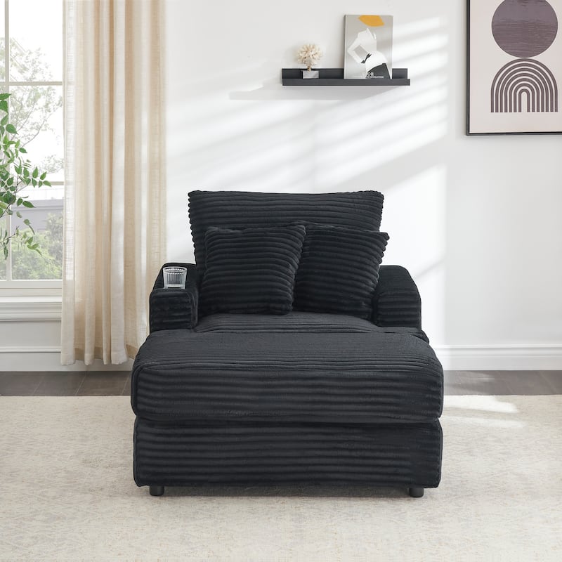 Armchair & Ottoman Set with Cup Holder and 2 Throw Pillows - Black