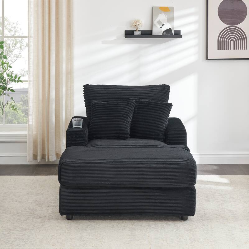 Modern Corduroy 1-Seater Sofa with Ottoman Bench and Cup Holder, Plush Gray Couch with Pillows
