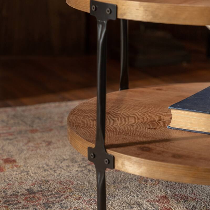 Round Two-Ply Coffee Table Handcrafted Relief Sturdy Pedestal Wooden Olive-Shaped Tea Table - Walnut
