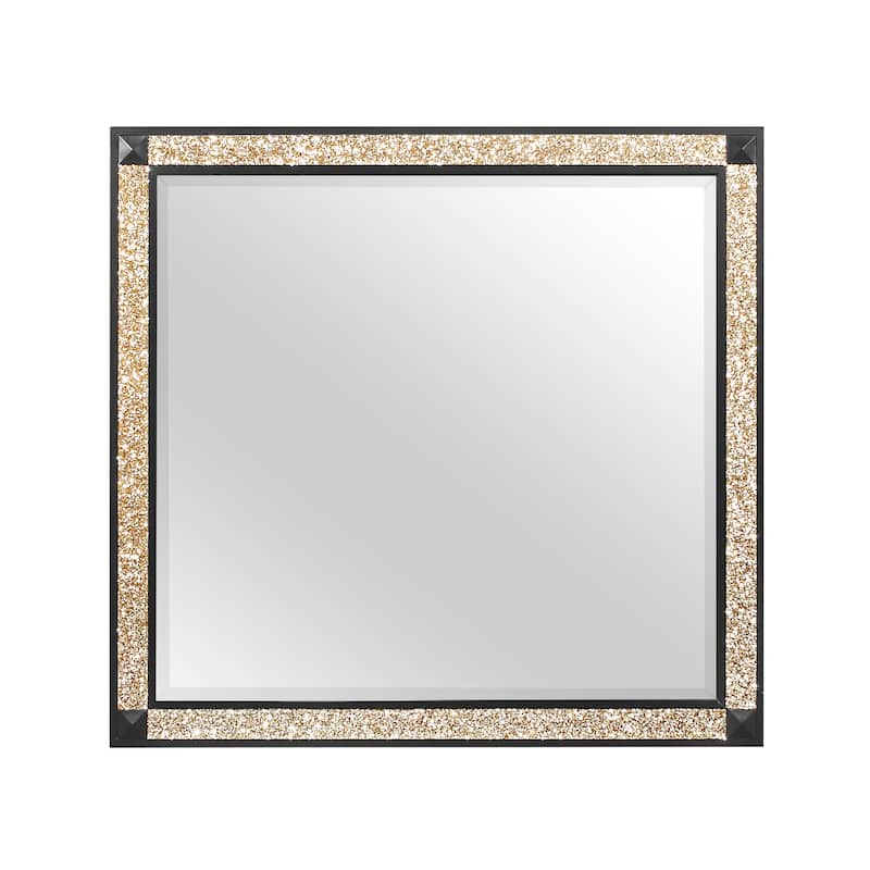 HomeRoots 36" Black And Gold Faux Crystal And Wood Dresser Mount Framed Mirror - 38.00 in. x 36.00 in. x 1.00 in.
