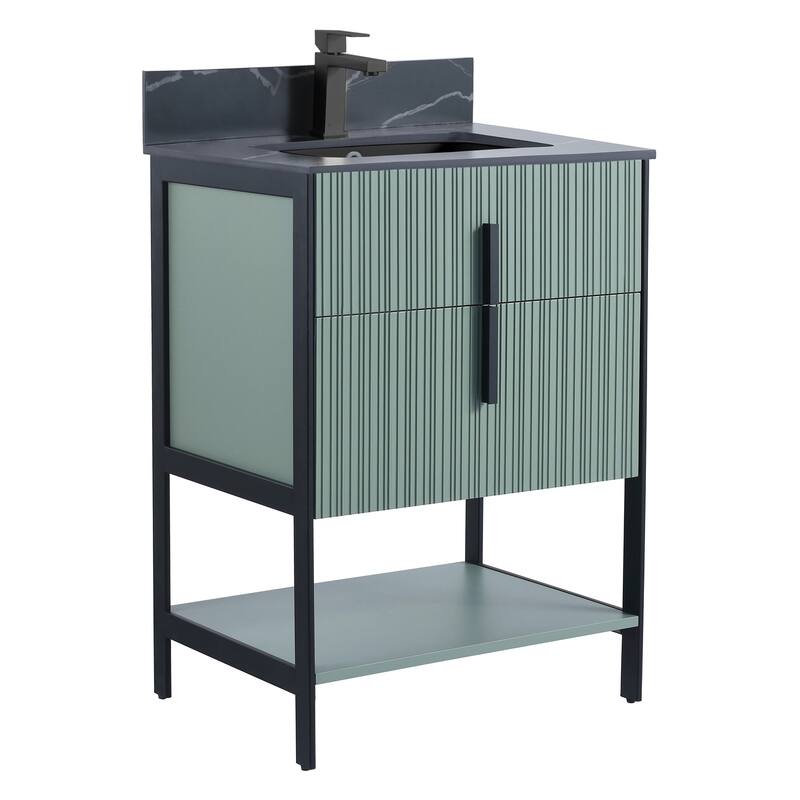 Fine Fixtures Serenity Modern Bathroom Vanity with Black Sintered Stone Top - Mint Green - Black Hardware - 24 inch