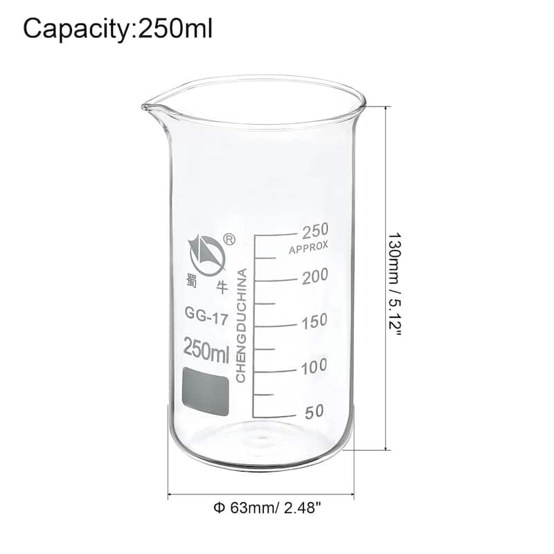 2pcs 250ml Tall Form Glass Beaker 3.3 Borosilicate Lab Measuring Cups - Clear